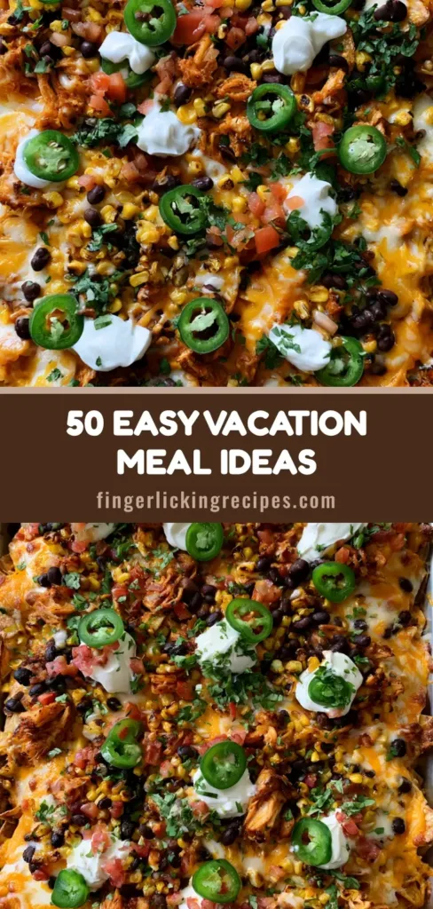 Vacation Meal Ideas: The Ultimate Loaded Family-Style Sheet Pan Nachos 6 A top-down view of loaded family-style nachos on a silver baking sheet, featuring melted cheese and fresh jalapeños. (Vacation Meal Ideas)