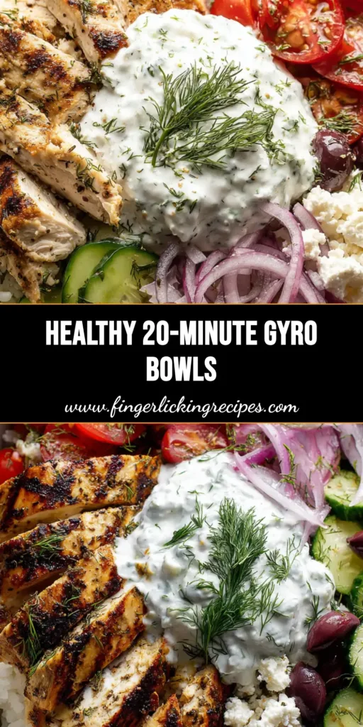 Chicken Gyro Bowls with Charred Grilled Chicken and Creamy Tzatziki 5 A top-down view of Chicken Gyro Bowls featuring charred chicken, fluffy rice, and fresh Mediterranean vegetables in a white ceramic bowl.