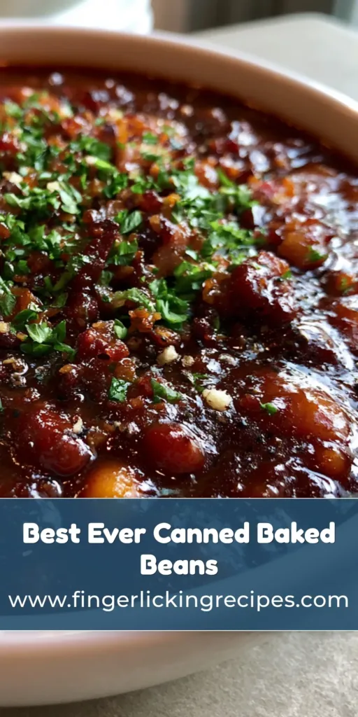 A close-up vertical shot of glossy Canned Baked Beans in a white bowl topped with crispy bacon and fresh parsley on a grey stone counter.