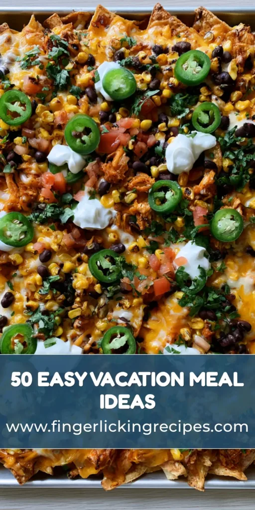 Vacation Meal Ideas: The Ultimate Loaded Family-Style Sheet Pan Nachos 7 A top-down view of loaded family-style nachos on a silver baking sheet, featuring melted cheese and fresh jalapeños. (Vacation Meal Ideas)