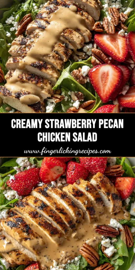 Strawberry Pecan Grilled Chicken Salad with Creamy Pecan Butter Vinaigrette 5 A top-down view of a Strawberry Pecan Grilled Chicken Salad in a white bowl, showing charred chicken, sliced strawberries, and toasted pecans.