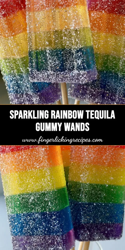 A close up of Rainbow Tequila Gummy Wands on wooden skewers, showing six colorful gelatin layers and a sparkling silver glitter sugar coating.