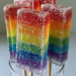 Several rectangular Rainbow Tequila Gummy Wands clustered in a glass vessel, showcasing translucent red, orange, yellow, green, blue, and purple layers.