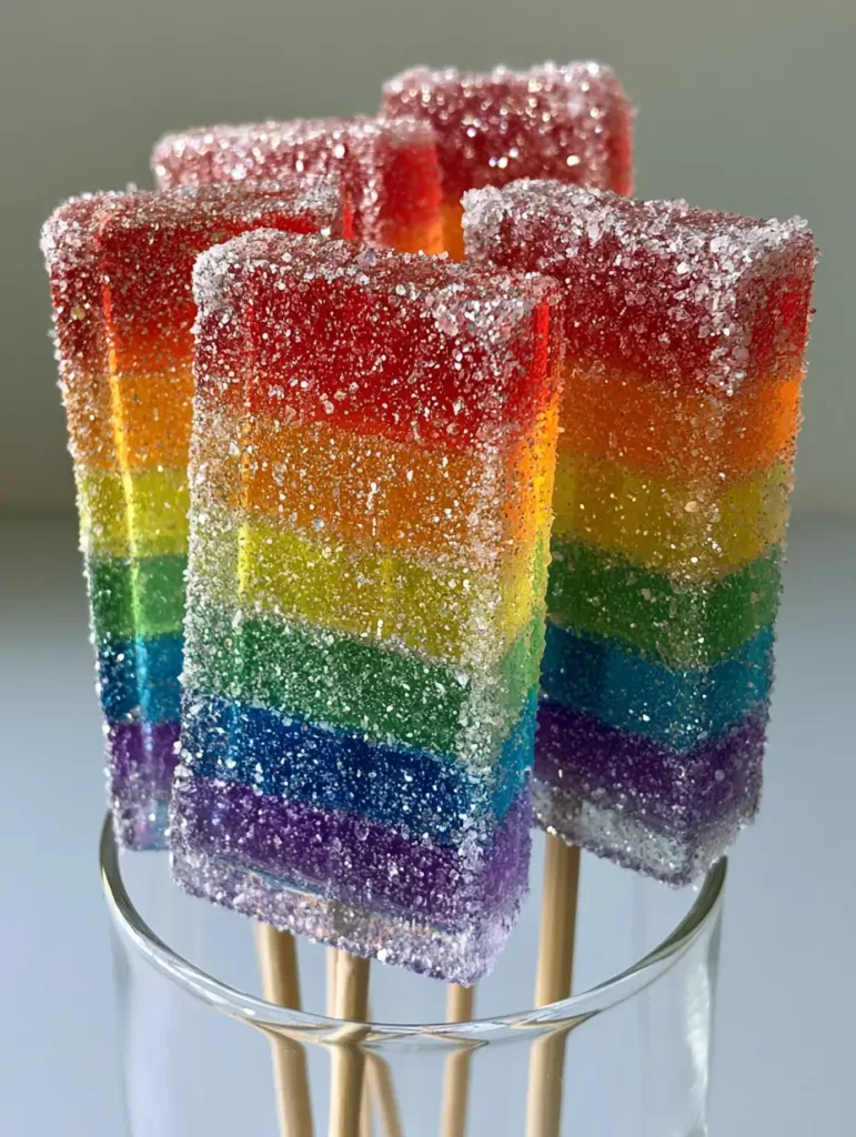 Several rectangular Rainbow Tequila Gummy Wands clustered in a glass vessel, showcasing translucent red, orange, yellow, green, blue, and purple layers.