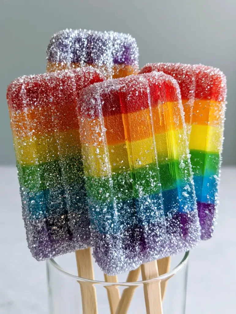Close up of the crystalline texture on Rainbow Tequila Gummy Wands, highlighting the silver edible glitter and white sanding sugar.