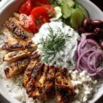 Chicken Gyro Bowls with Charred Grilled Chicken and Creamy Tzatziki Close-up of charred chicken strips and fresh cucumbers in a Chicken Gyro Bowl.