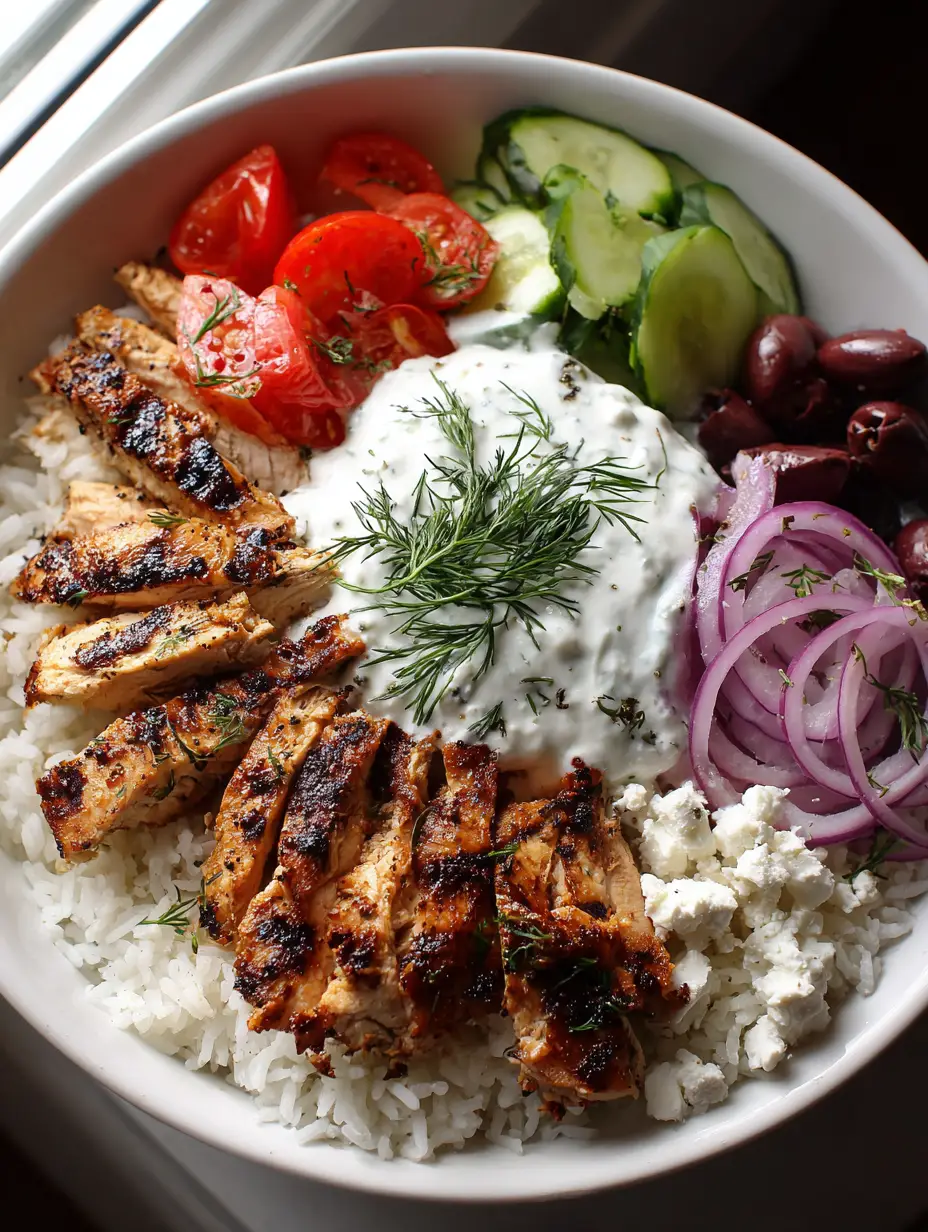 Chicken Gyro Bowls with Charred Grilled Chicken and Creamy Tzatziki 4 Close-up of charred chicken strips and fresh cucumbers in a Chicken Gyro Bowl.