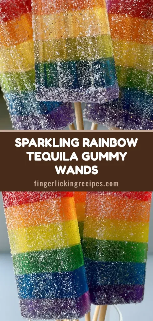 A close up of Rainbow Tequila Gummy Wands on wooden skewers, showing six colorful gelatin layers and a sparkling silver glitter sugar coating.