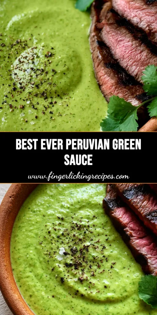 A close-up of a rustic terracotta bowl filled with thick Peruvian Green Sauce topped with sea salt flakes, served with charred medium-rare steak slices.