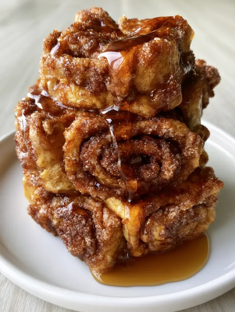 Close up photo of the tightly coiled sourdough bread showing the golden-brown crispy exterior of Cinnamon Roll French Toast Roll-Ups.