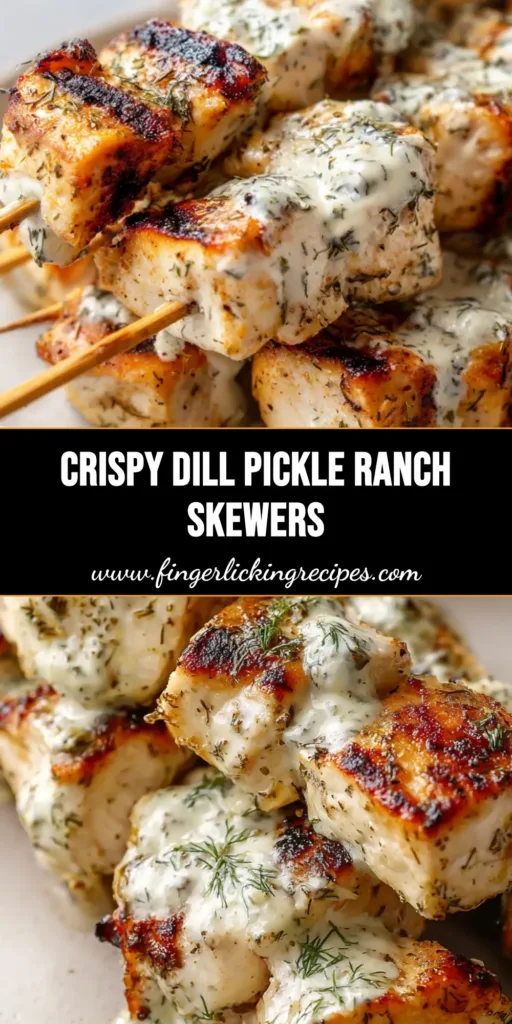 Three wooden skewers stacked on a plate featuring golden-brown air-fried chicken breast cubes coated in creamy ranch and heavy dried dill. (Dill Pickle Chicken Skewers)