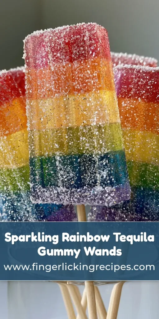 A close up of Rainbow Tequila Gummy Wands on wooden skewers, showing six colorful gelatin layers and a sparkling silver glitter sugar coating.
