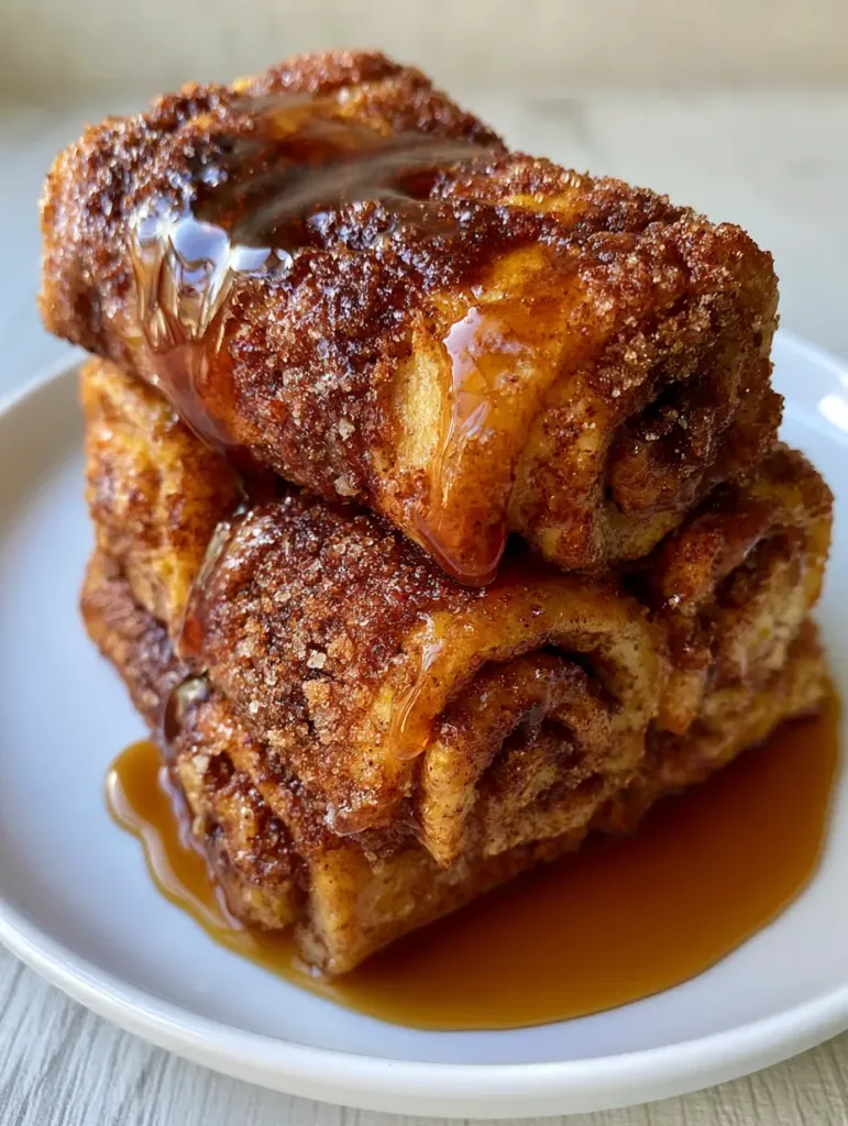 Smartphone photo of maple syrup pooling at the bottom of a plate of Cinnamon Roll French Toast Roll-Ups on a wooden surface.