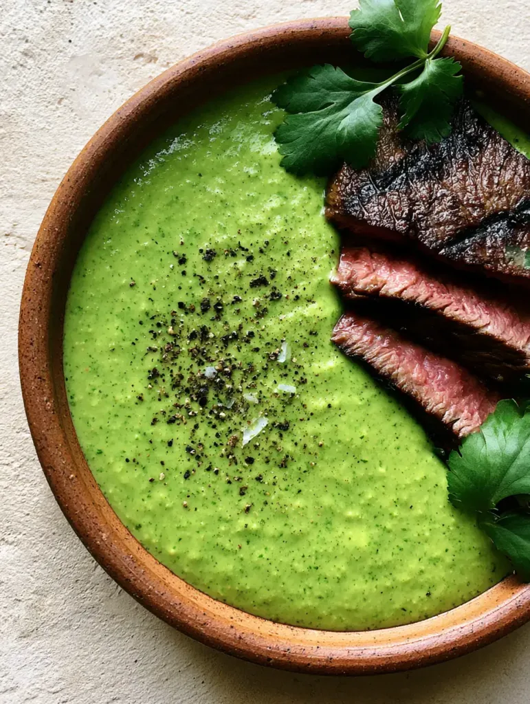 Velvety lime-green Peruvian Green Sauce in a bowl showing microscopic cilantro bits and cracked pepper garnish.