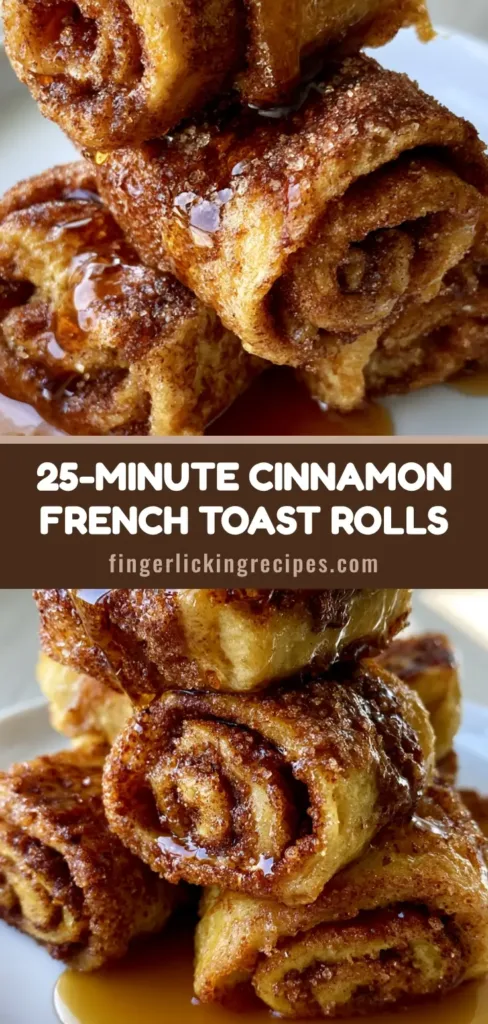 A towering stack of Cinnamon Roll French Toast Roll-Ups on a white plate, drizzled with thick amber maple syrup. (Cinnamon Roll French Toast Roll-Ups)