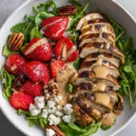 A close-up of a Strawberry Pecan Grilled Chicken Salad with dark brown sear marks on the chicken and bright red strawberries.