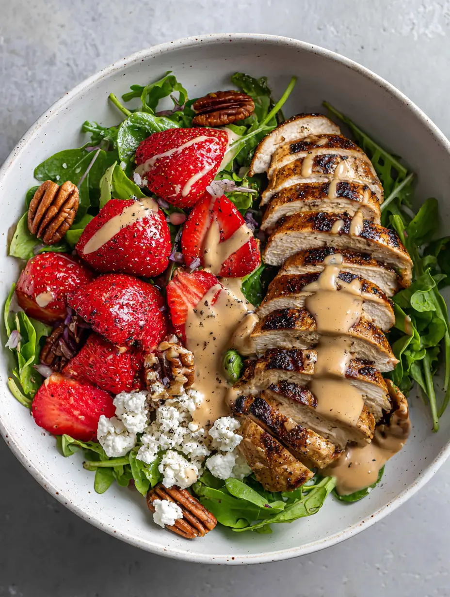 Strawberry Pecan Grilled Chicken Salad with Creamy Pecan Butter Vinaigrette 4 A close-up of a Strawberry Pecan Grilled Chicken Salad with dark brown sear marks on the chicken and bright red strawberries.