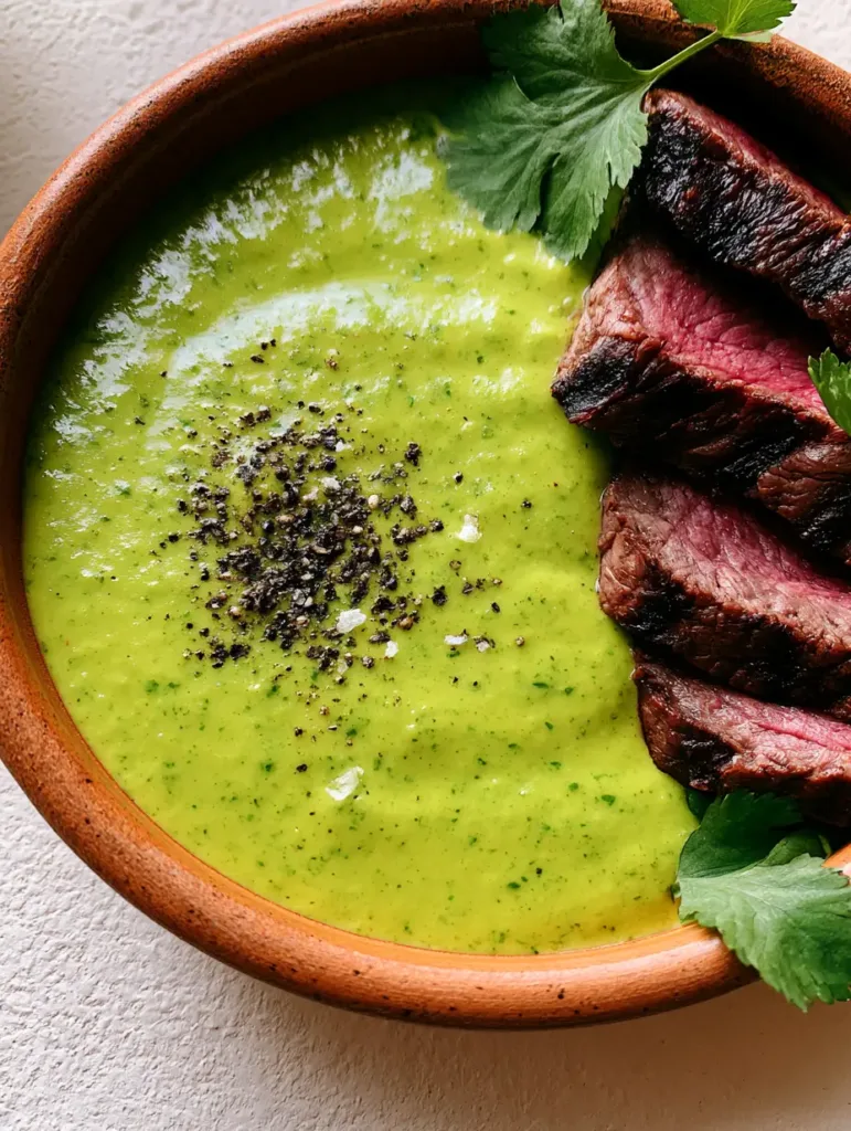 Medium-rare grilled steak slices with dark charred marks and a moist pink interior served with green sauce.