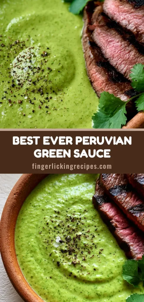 A close-up of a rustic terracotta bowl filled with thick Peruvian Green Sauce topped with sea salt flakes, served with charred medium-rare steak slices.