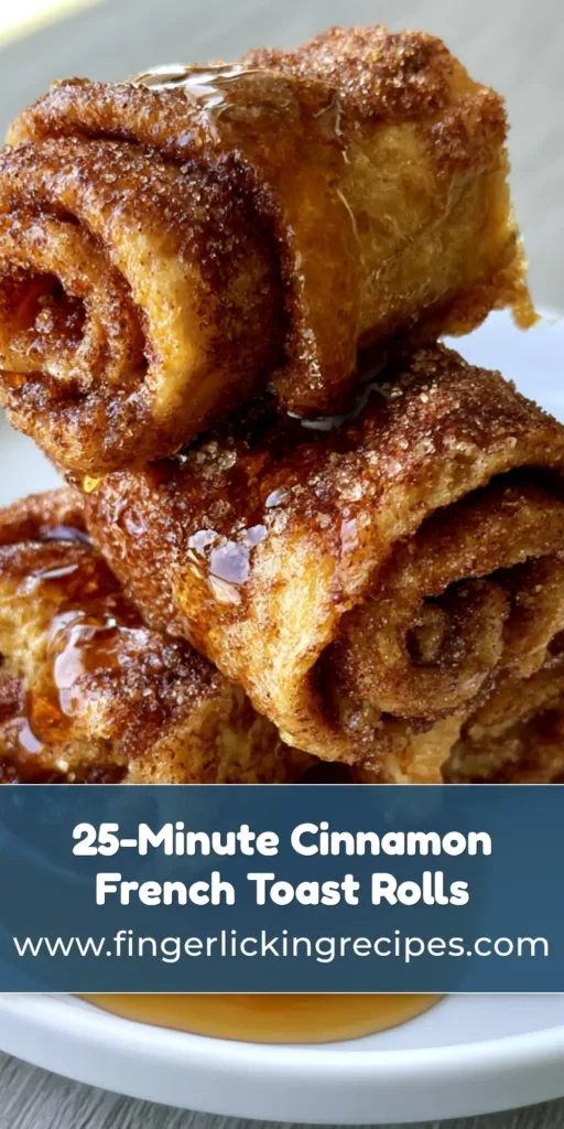 A towering stack of Cinnamon Roll French Toast Roll-Ups on a white plate, drizzled with thick amber maple syrup. (Cinnamon Roll French Toast Roll-Ups)