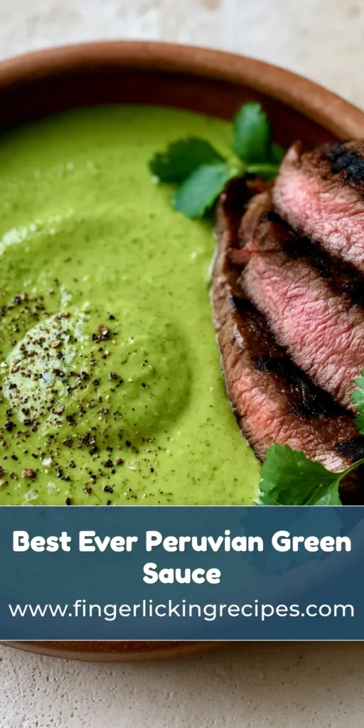 A close-up of a rustic terracotta bowl filled with thick Peruvian Green Sauce topped with sea salt flakes, served with charred medium-rare steak slices.