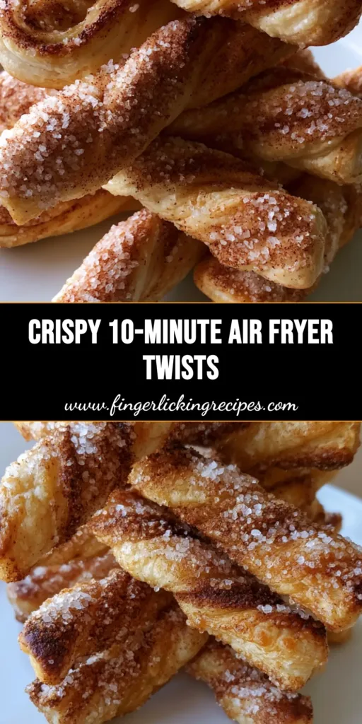 A stack of golden-brown Air Fryer Cinnamon Sugar Twists on a white plate, showing flaky layers and a sparkling sugar coating.