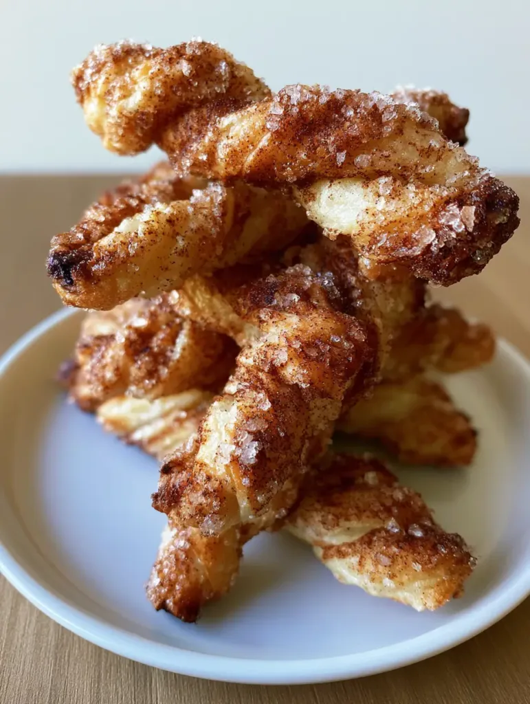 Handheld smartphone style photo of cinnamon twists piled on a white plate on a wooden surface.