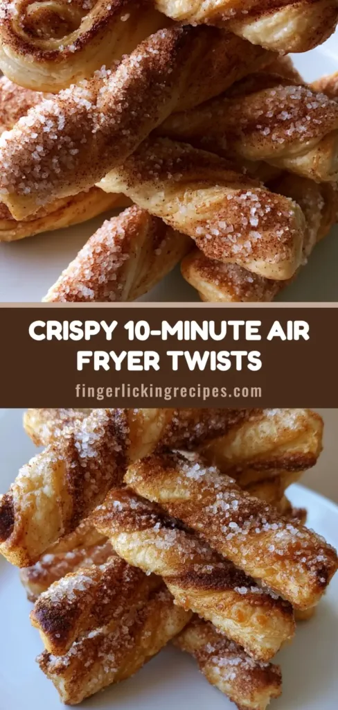 A stack of golden-brown Air Fryer Cinnamon Sugar Twists on a white plate, showing flaky layers and a sparkling sugar coating.