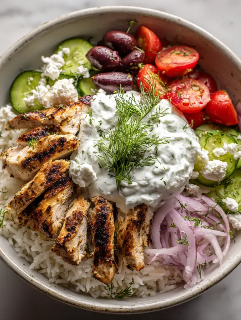 Chicken Gyro Bowls with Charred Grilled Chicken and Creamy Tzatziki 2 A deconstructed Chicken Gyro Bowl with tzatziki, olives, and feta cheese scattered over rice.