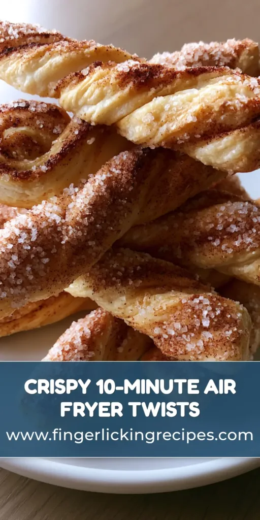 A stack of golden-brown Air Fryer Cinnamon Sugar Twists on a white plate, showing flaky layers and a sparkling sugar coating.