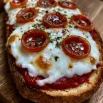 Close up of a French Bread Pizza Recipe showing the visible crumb texture of the toasted baguette and vibrant red sauce.