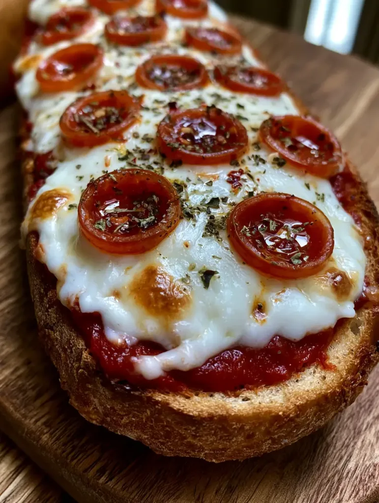 Close up of a French Bread Pizza Recipe showing the visible crumb texture of the toasted baguette and vibrant red sauce.