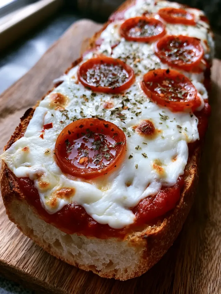 Slices of French bread pizza with golden scorched mozzarella spots and glistening oil on pepperoni slices.
