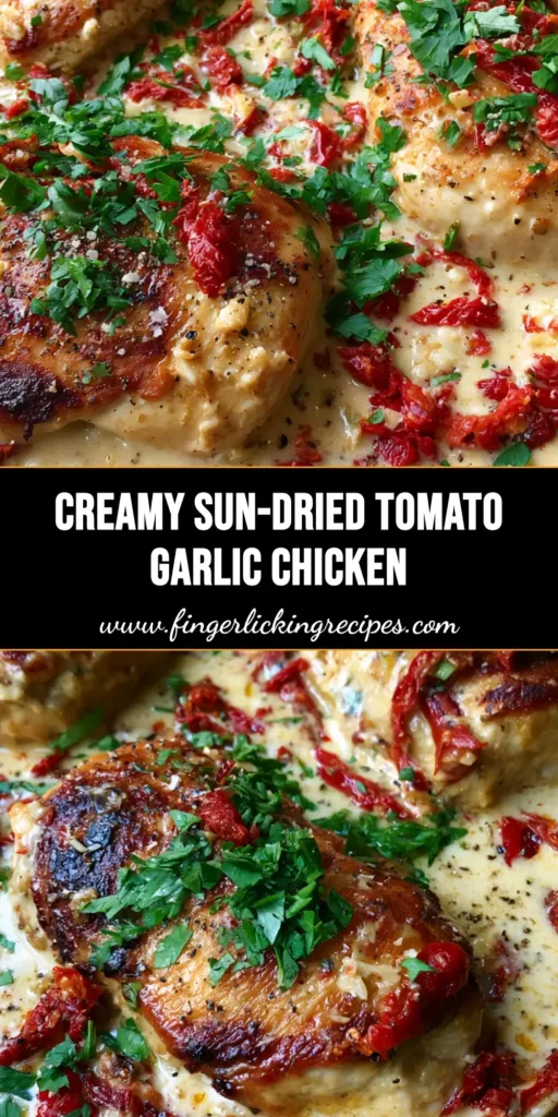 A top-down view of Creamy Sun-Dried Tomato Garlic Chicken in a cast iron skillet with golden chicken and green parsley.