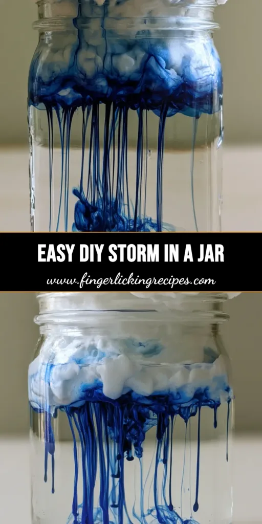 A clear glass mason jar showing a Static Electricity Storm in a Jar with blue streaks descending from a white shaving foam cloud into clear water.