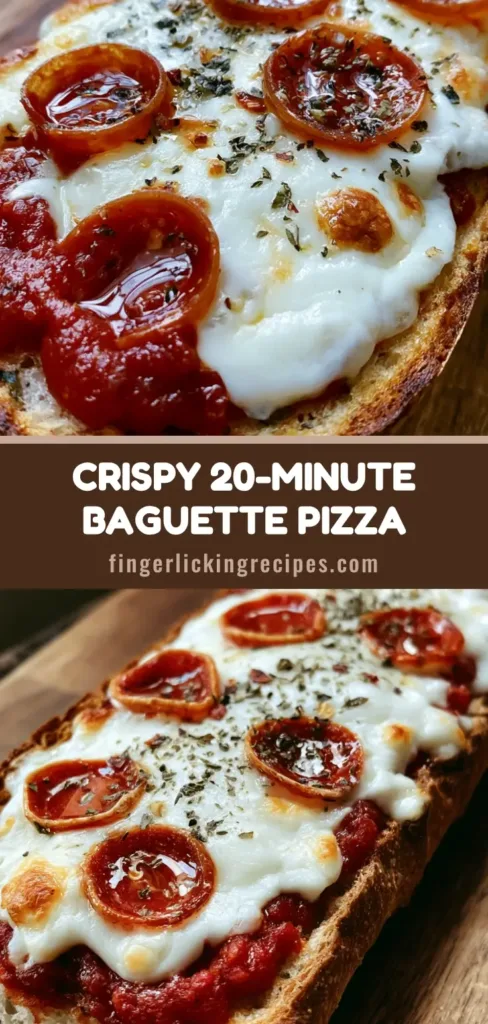 A handheld smartphone photo of a crispy French Bread Pizza Recipe with curled pepperoni and bubbling mozzarella on a wooden board.