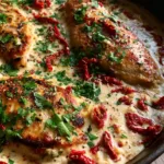 Close-up of three golden-brown pan-seared chicken breasts in an ivory cream sauce with red sun-dried tomatoes. (Creamy Sun-Dried Tomato Garlic Chicken)