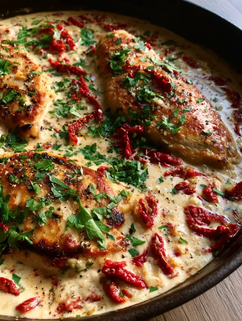 Close-up of three golden-brown pan-seared chicken breasts in an ivory cream sauce with red sun-dried tomatoes. (Creamy Sun-Dried Tomato Garlic Chicken)