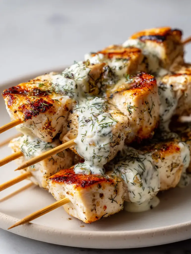 Close-up of Dill Pickle Chicken Skewers on a white plate with visible charred edges and dried dill flakes.