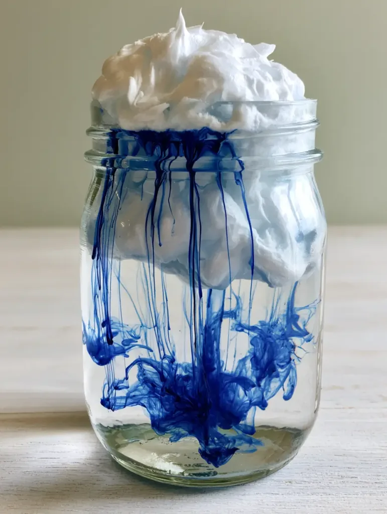 Close up view of the thick white shaving foam cloud and blue plumes in a Static Electricity Storm in a Jar.