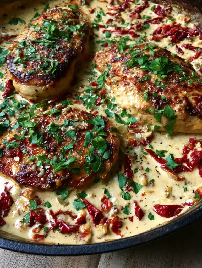 High-angle shot of a rustic cast iron skillet featuring Creamy Sun-Dried Tomato Garlic Chicken with melted parmesan flecks.