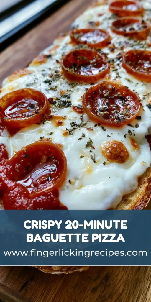 A handheld smartphone photo of a crispy French Bread Pizza Recipe with curled pepperoni and bubbling mozzarella on a wooden board.