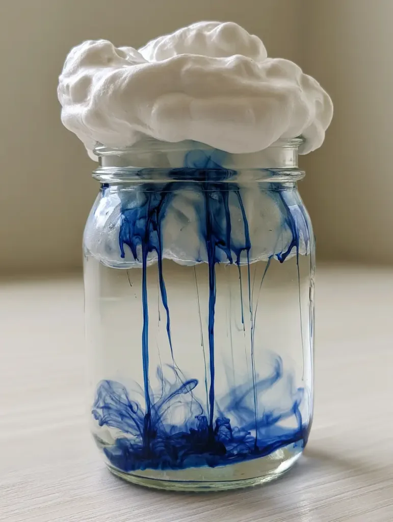 Side view of a mason jar on a wooden table illustrating a Static Electricity Storm in a Jar with swirling blue liquid.