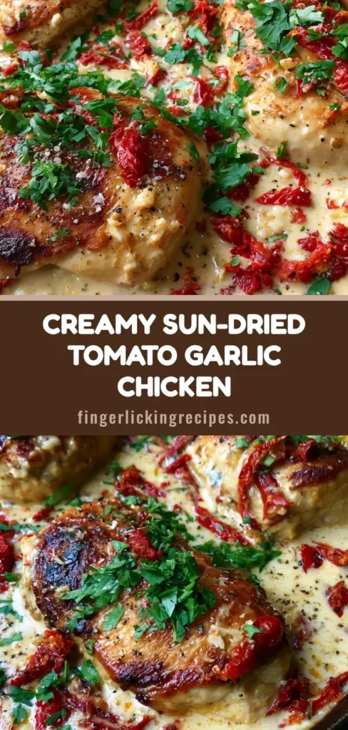 A top-down view of Creamy Sun-Dried Tomato Garlic Chicken in a cast iron skillet with golden chicken and green parsley.