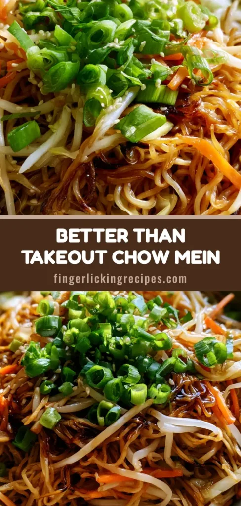 A close-up vertical shot of a bowl of stir-fried noodles with charred edges and sesame seeds. (Easy Chow Mein Recipe)