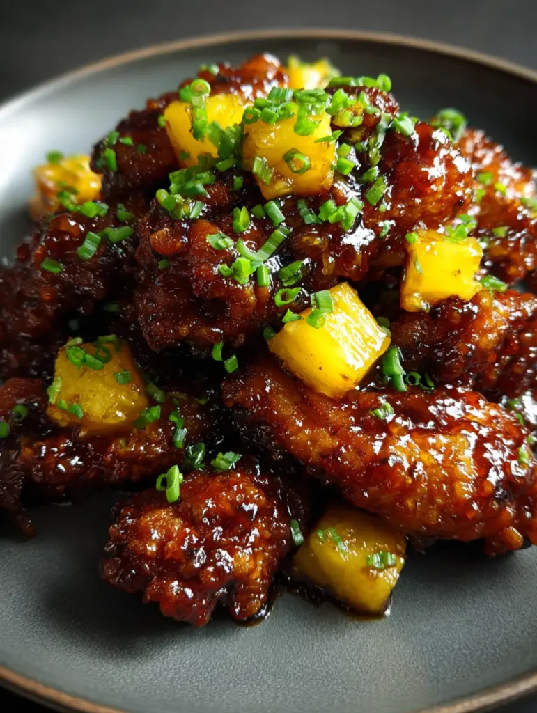 A matte gray ceramic plate filled with glossy Brown Sugar Pineapple Wings and chunks of yellow cooked pineapple.