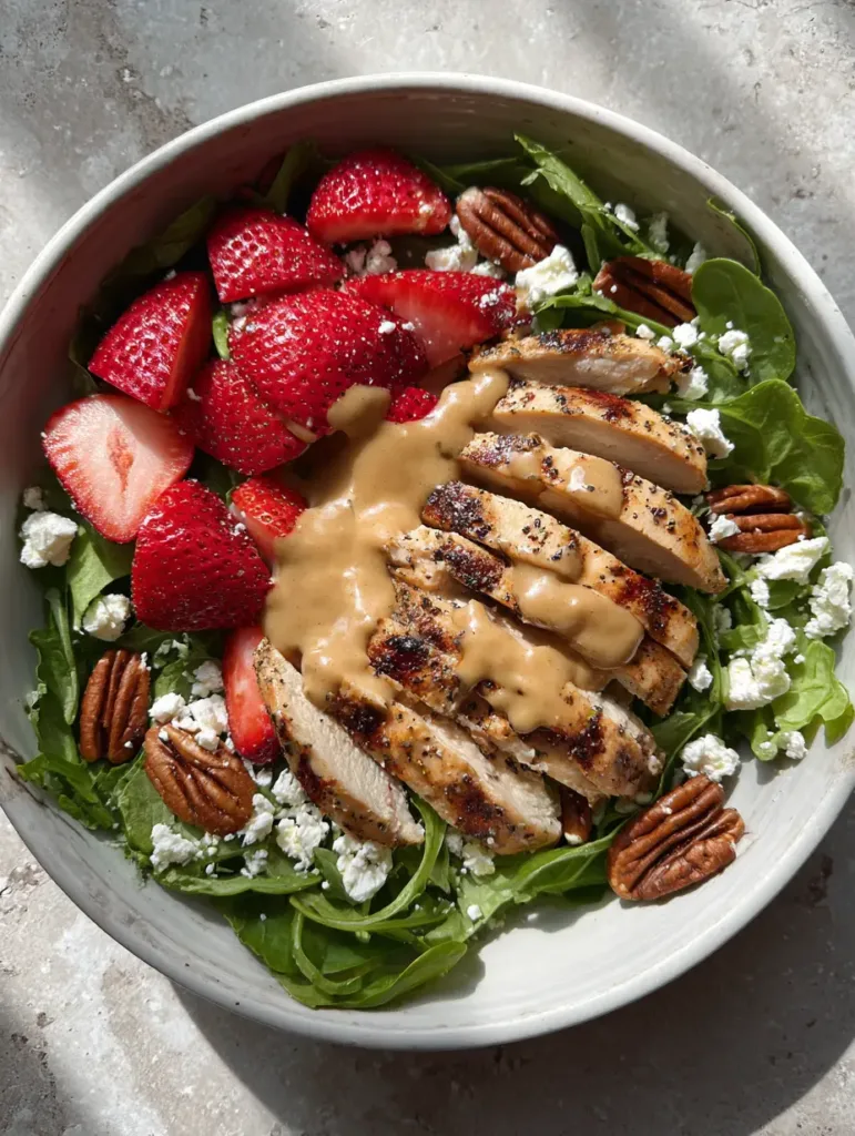 Strawberry Pecan Grilled Chicken Salad with Creamy Pecan Butter Vinaigrette 2 The final plated Strawberry Pecan Grilled Chicken Salad featuring toasted pecan halves and a drizzle of creamy tan vinaigrette.