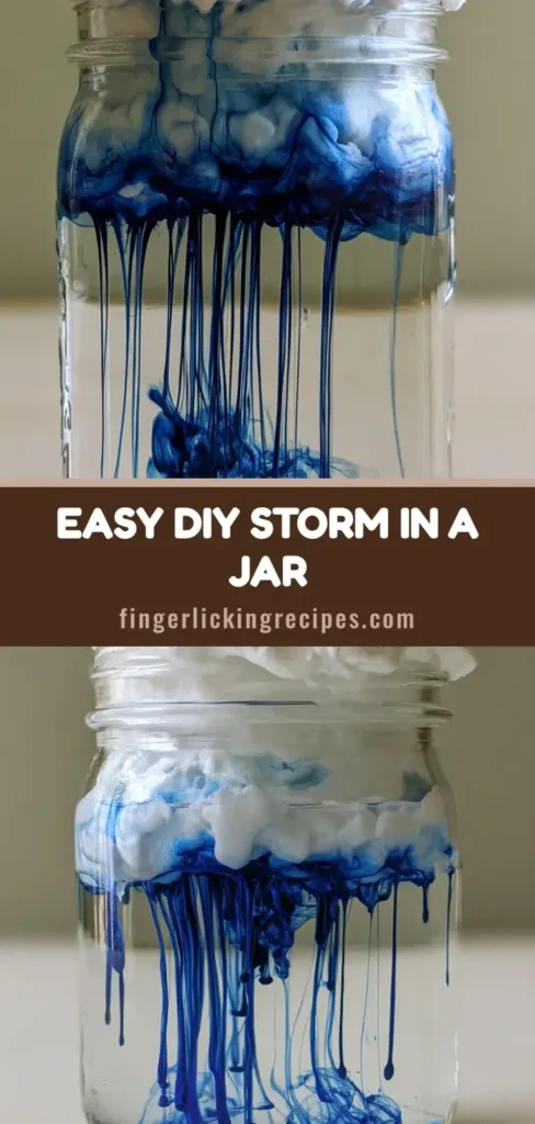 A clear glass mason jar showing a Static Electricity Storm in a Jar with blue streaks descending from a white shaving foam cloud into clear water.