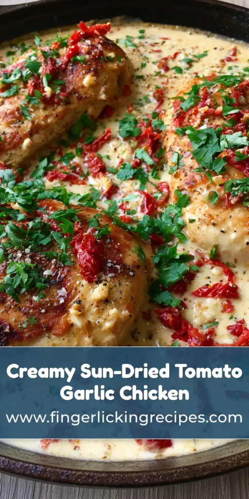 A top-down view of Creamy Sun-Dried Tomato Garlic Chicken in a cast iron skillet with golden chicken and green parsley.