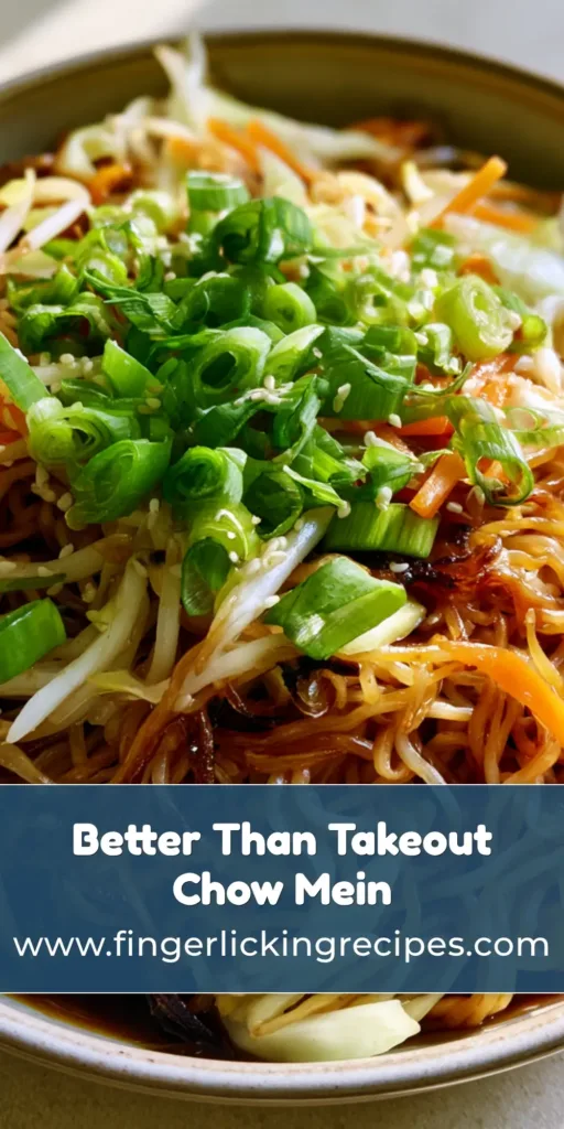 A close-up vertical shot of a bowl of stir-fried noodles with charred edges and sesame seeds. (Easy Chow Mein Recipe)